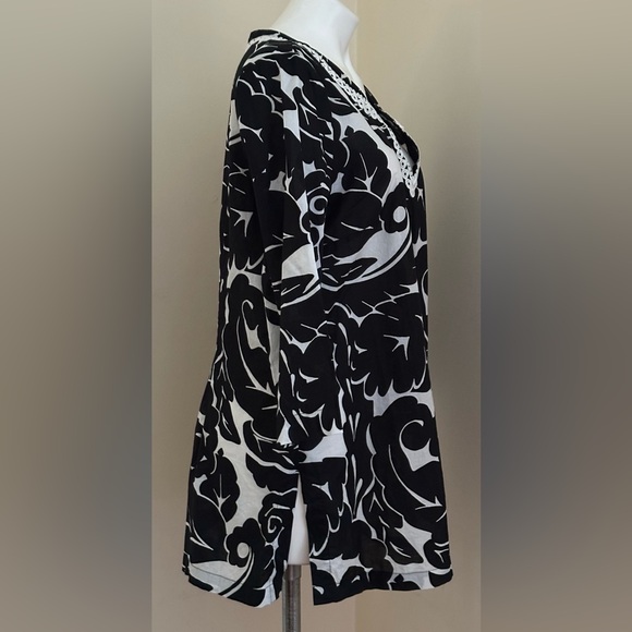 LIZ CLAIBORNE Black White Leaf Patterned 3/4th Sleeves Blouse 100% Cotton Sz XL - Picture 4 of 13